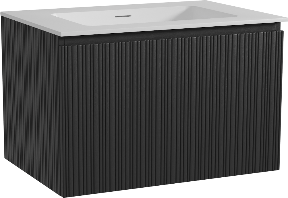 Storke Ribs zwevend badkamermeubel 75 x 52 cm zwarte eik met Mata enkele wastafel in solid surface mat wit, Verticale asymmetrische rechte ribbel