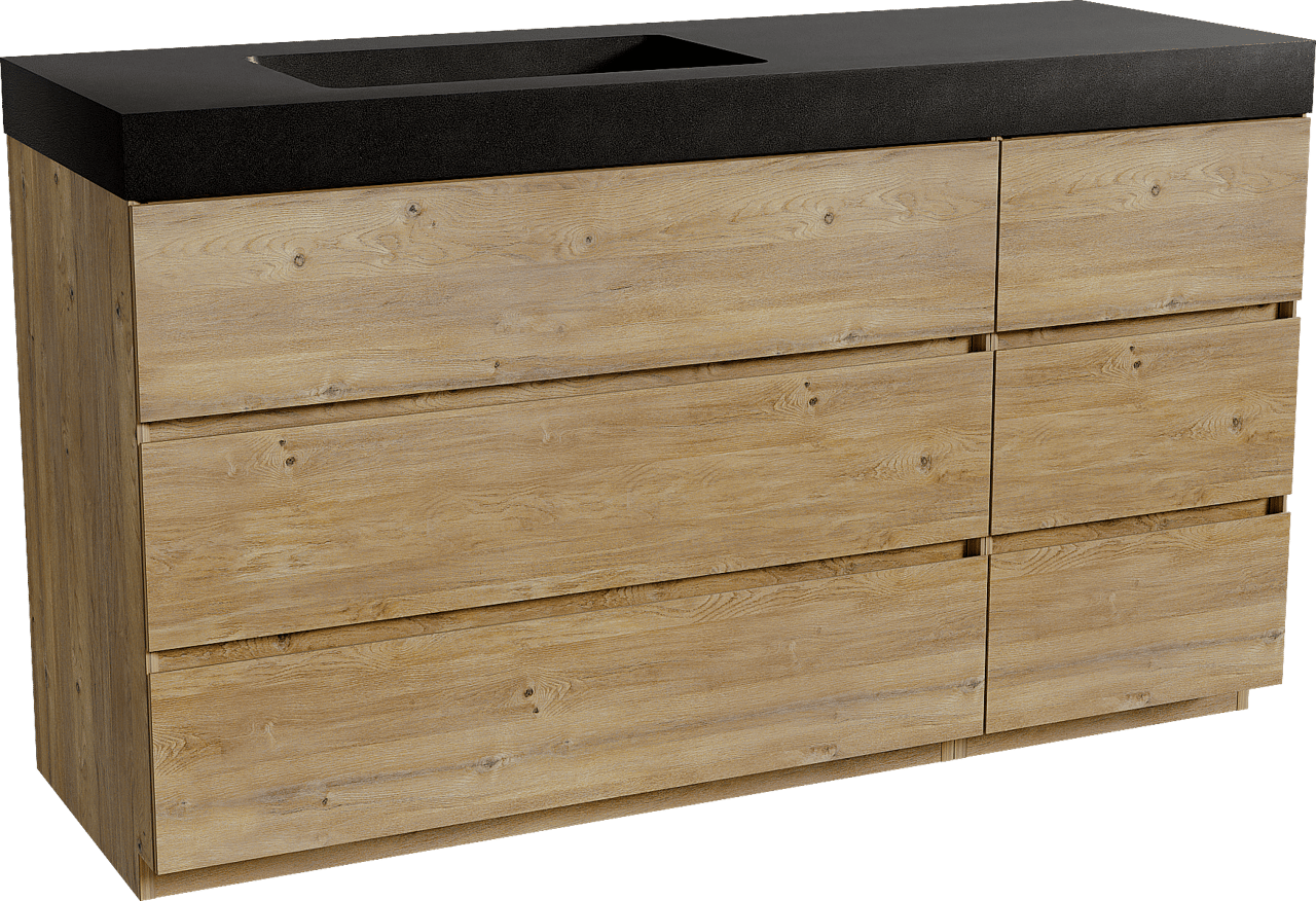 Storke Edge staand badkamermeubel 150 x 52 cm ruwe eik met Scuro High asymmetrisch linkse wastafel in kwarts mat zwart