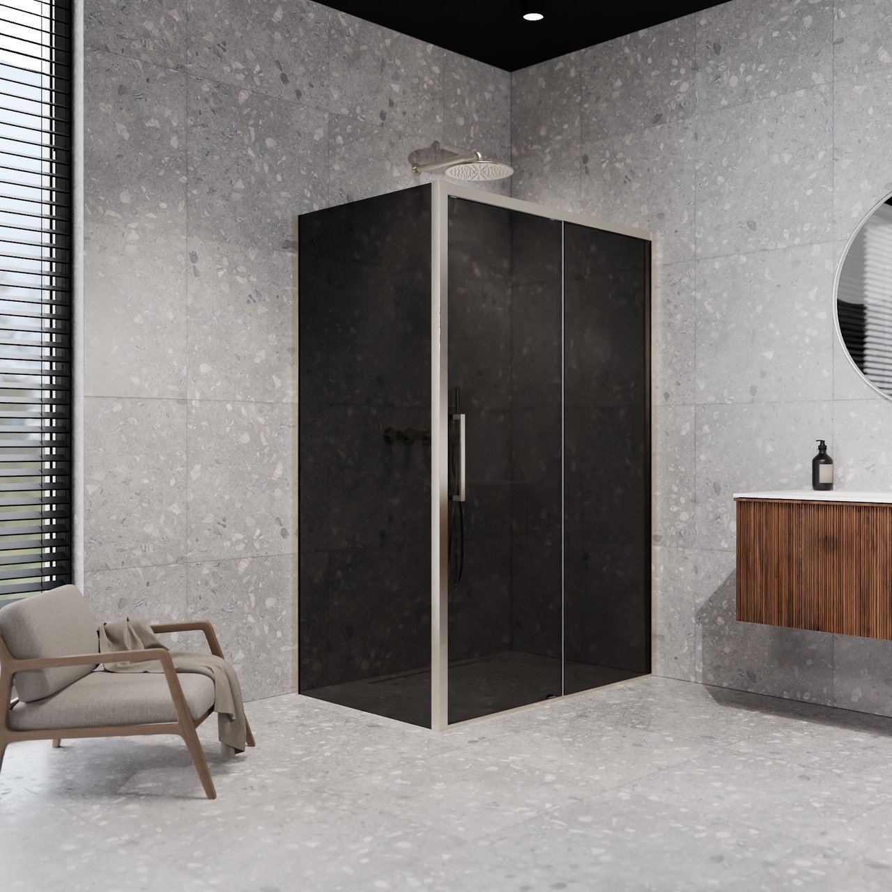 Balmani Senses Design douchehoek met rechtse schuifdeur en vaste zijwand, 120 x 90 cm, Rookglas, Brushed CoolMetal profielen, met coating