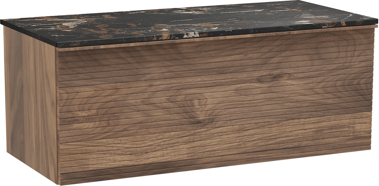 Balmani Forma zwevend badmeubel 120 x 55 cm amerikaans notenhout met Stretto enkel wastafelblad in marmer portoro gold, Horizontale symmetrische rechte ribbel