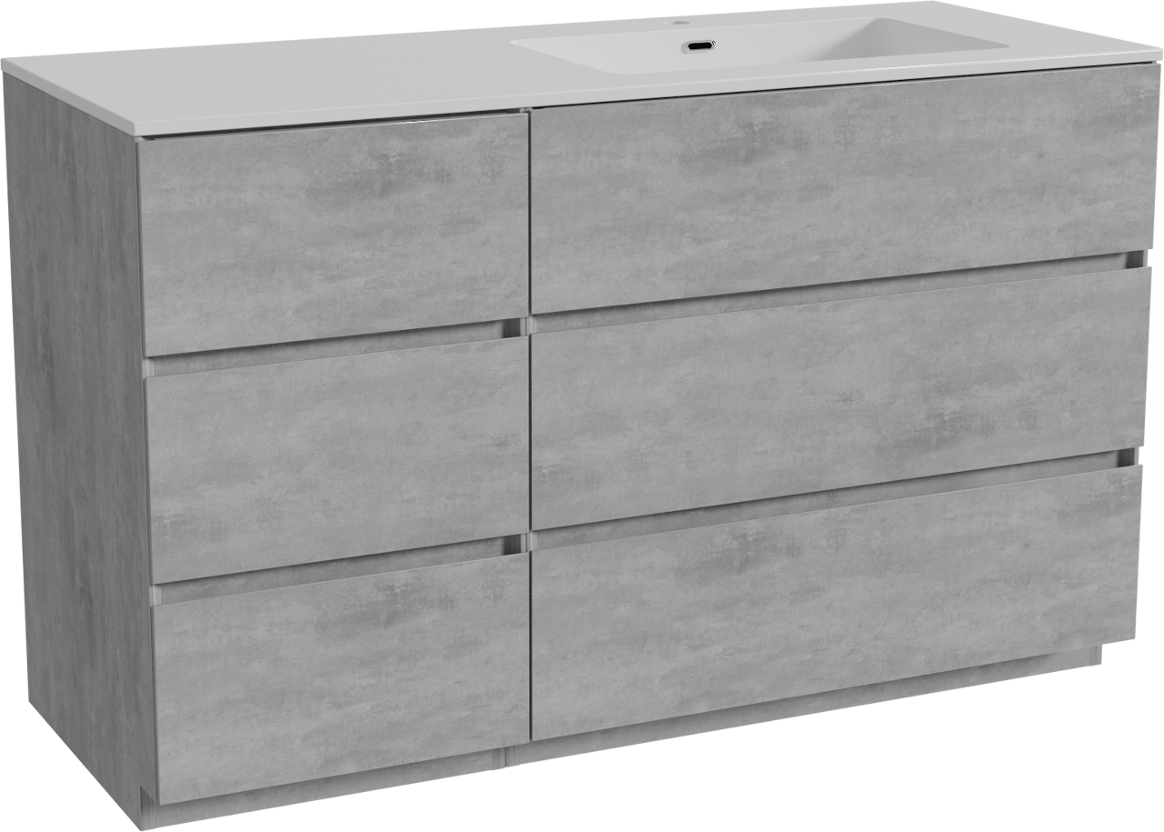 Storke Edge staand badkamermeubel 130 x 52 cm beton donkergrijs met Diva asymmetrisch rechtse wastafel in composietmarmer glanzend wit