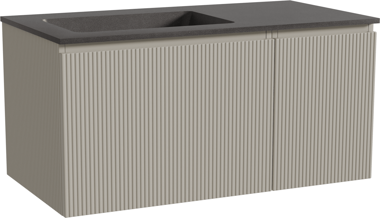 Storke Ribs zwevend badmeubel 100 x 52 cm zijdegrijs met Scuro asymmetrisch linkse wastafel in kwarts mat zwart, Verticale symmetrische rechte ribbel