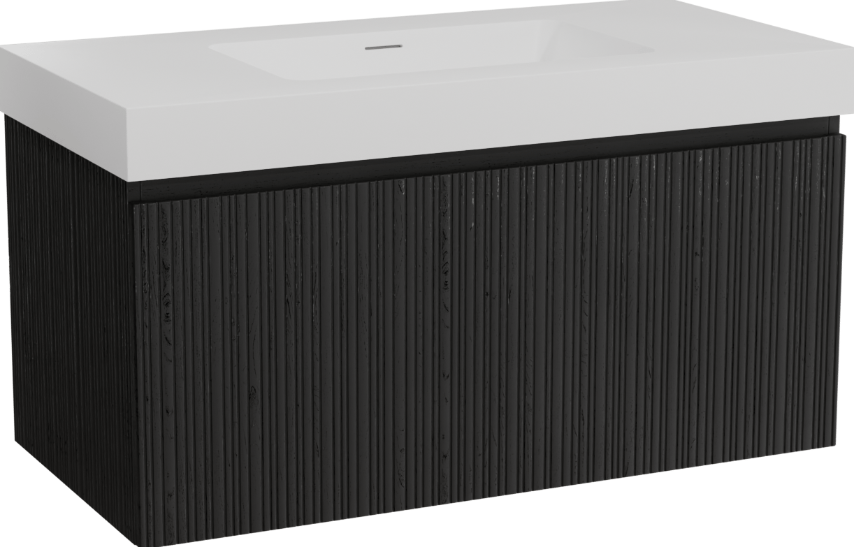 Storke Ribs zwevend badmeubel 105 x 52 cm zwart eiken met Mata High enkele wastafel in solid surface mat wit, Verticale asymmetrische rechte ribbel