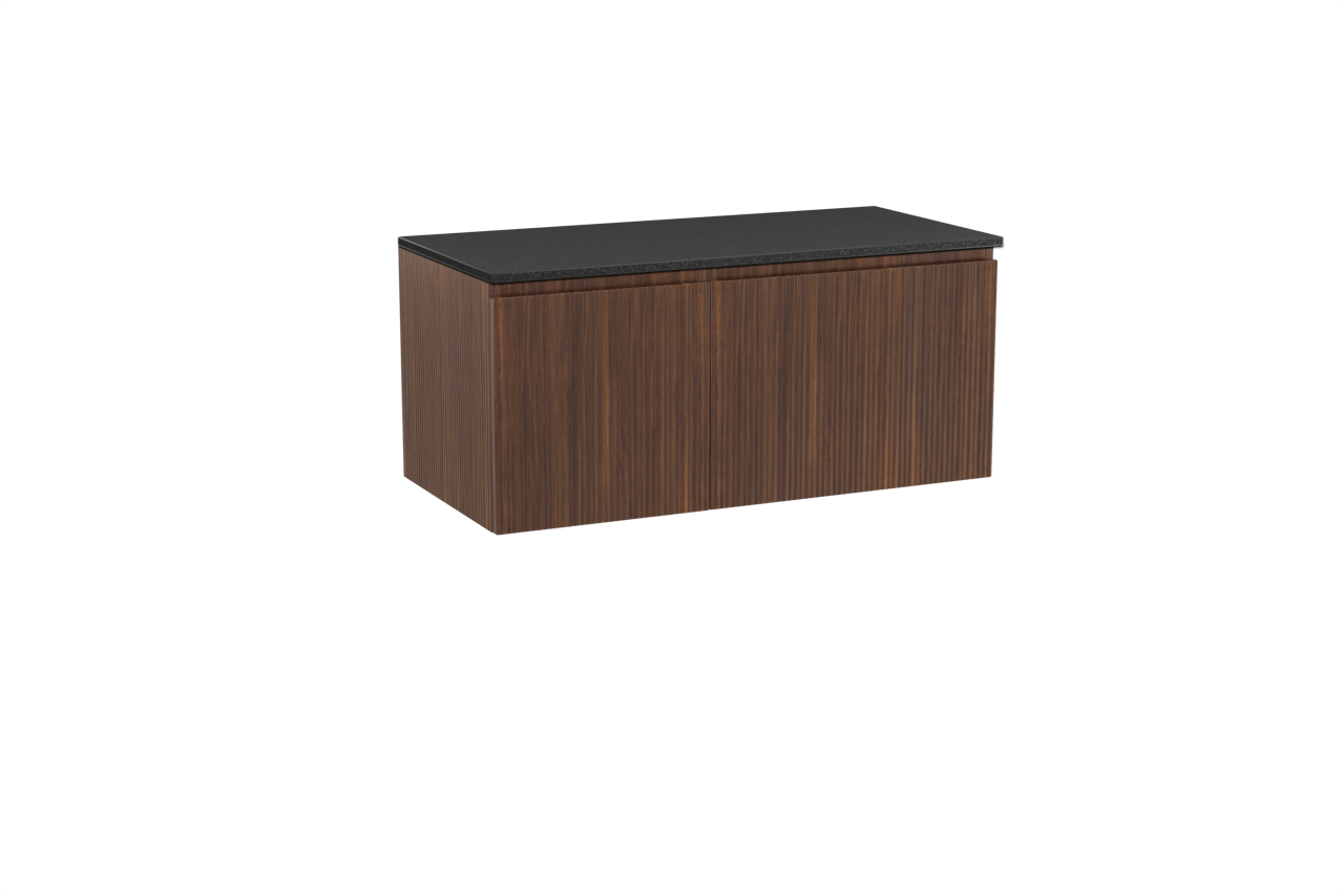 Storke Ribs zwevend badmeubel 110 x 52 cm notenhout met Panton enkel wastafelblad in gepoedercoate mdf mat zwart, Verticale symmetrische rechte ribbel