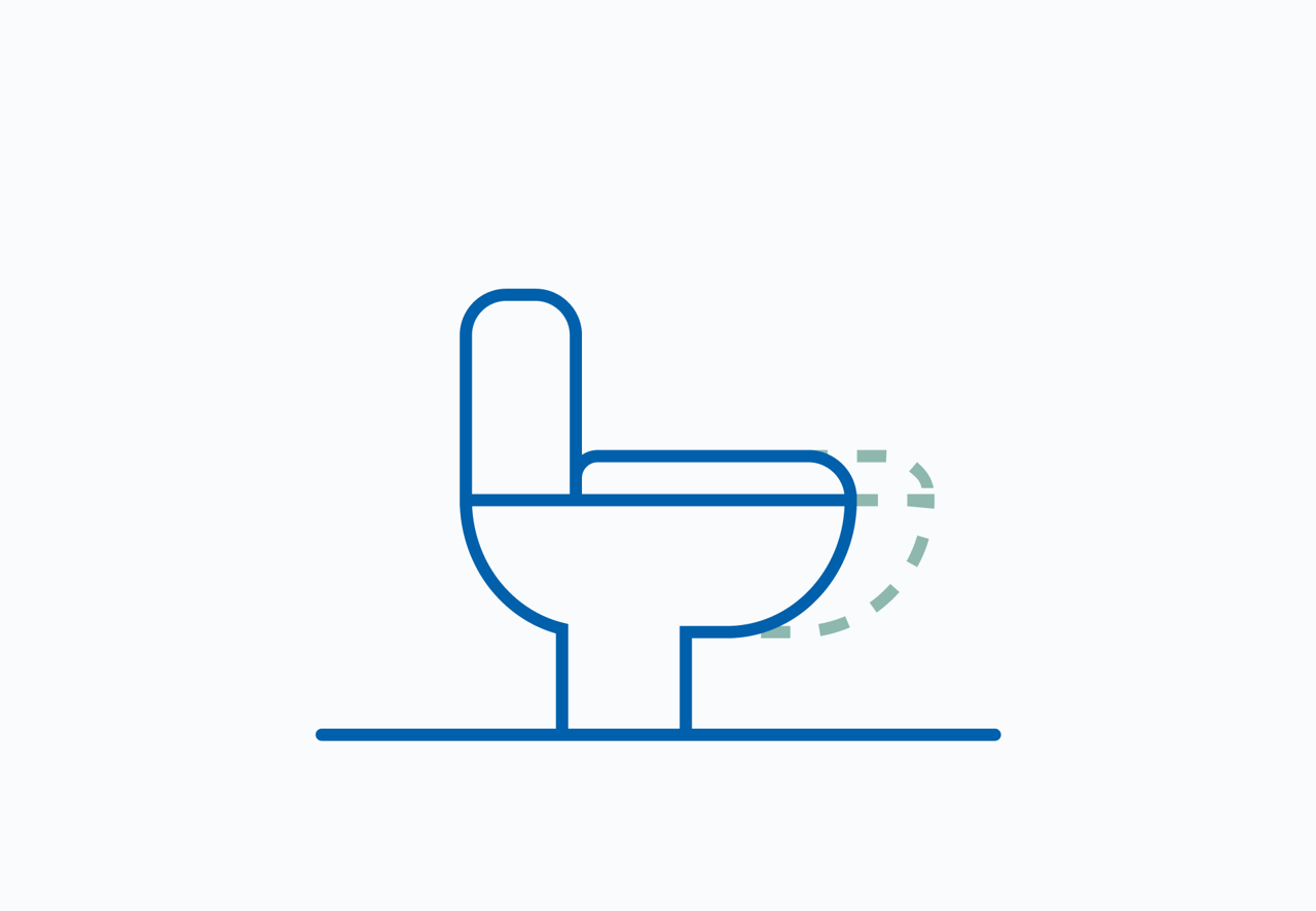 Illustration d’un WC compact posé au sol, avec des lignes pointillées indiquant une faible profondeur. Ce pictogram de x²o salles de bains symbolise un gain de place, idéal pour les petits espaces.