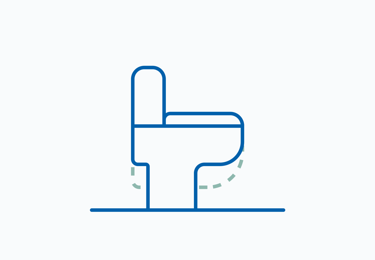 Illustration représentant un WC surélevé, avec des lignes pointillées autour de l’assise indiquant une hauteur accrue pour plus de confort. Ce pictogram de x²o salles de bains symbolise une hauteur d’assise améliorée.