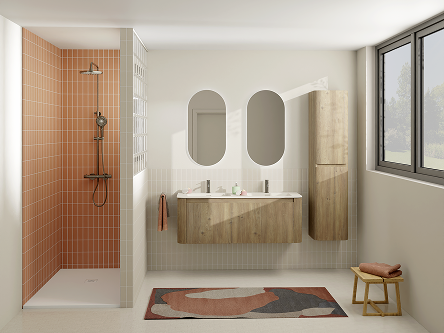 Modernes Badezimmer in geriffelter Holzoptik mit Terrakotta-Akzent
