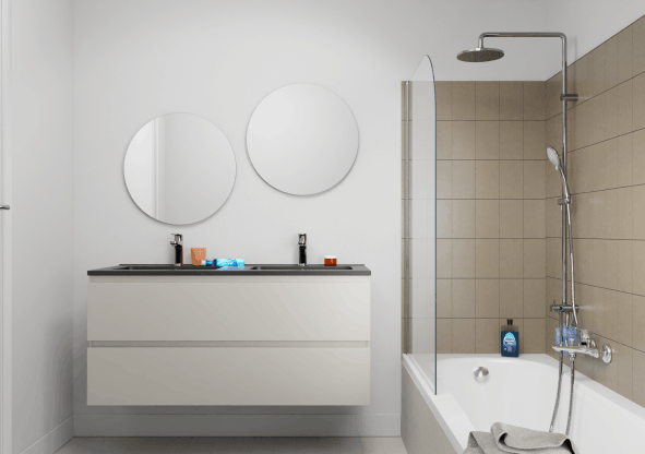 Modernes Badezimmer in Greige mit mattschwarzem Doppelwaschtisch