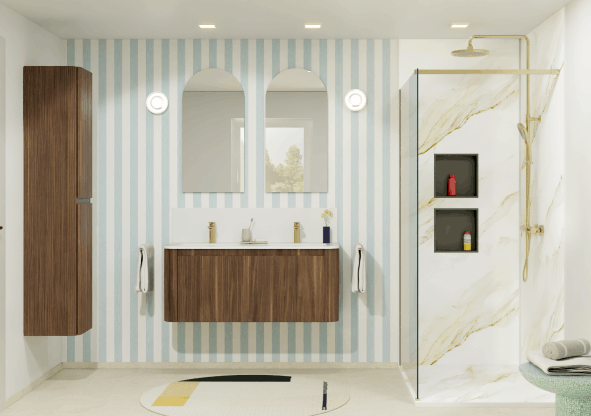 Modernes Badezimmer im mediterranen Stil mit sanften blauen Akzenten