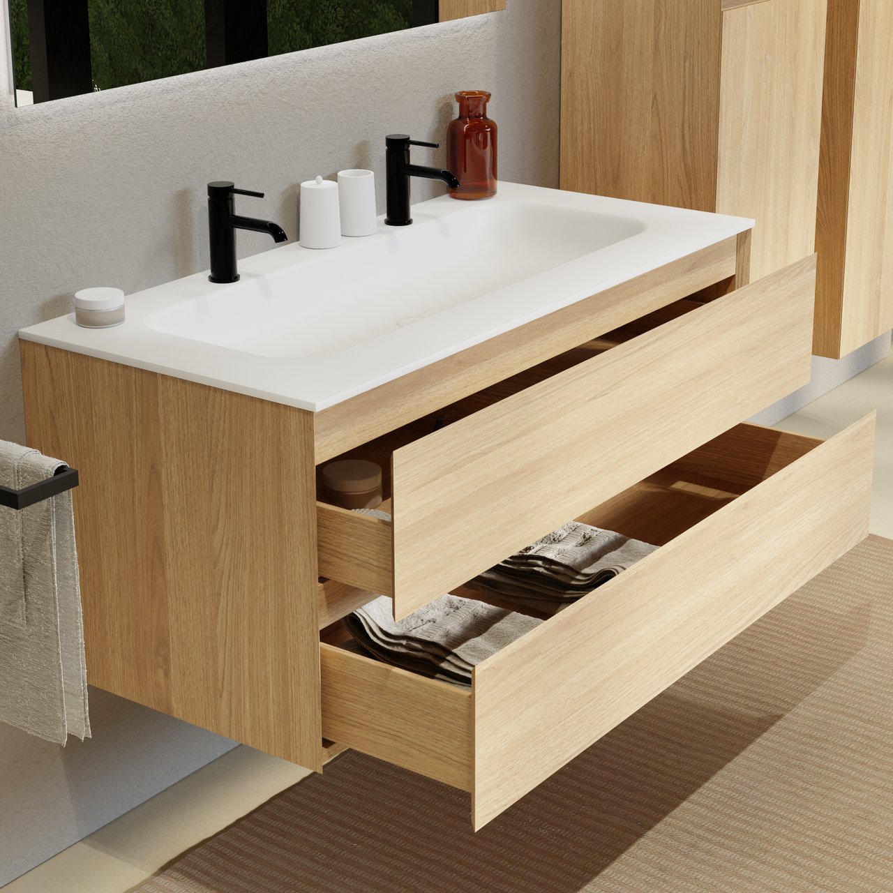 Moderner Doppelwaschtisch aus Holz mit weißem Waschbecken, schwarzen Armaturen, geöffneten Schubladen, Handtüchern und passendem Hochschrank.