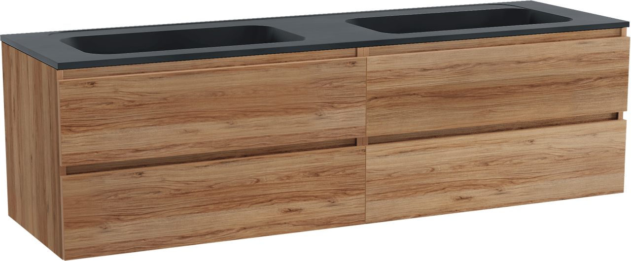 Balmani Lucida meuble salle de bains suspendu 180 x 55 cm teck avec Tablo Strada double vasque en marbre composite noir mat