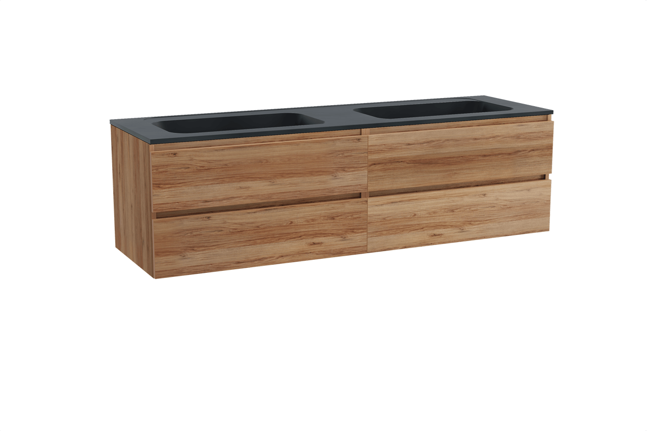 Balmani Lucida zwevend badkamermeubel 180 x 55 cm teak met Tablo Strada dubbele wastafel in composietmarmer mat zwart