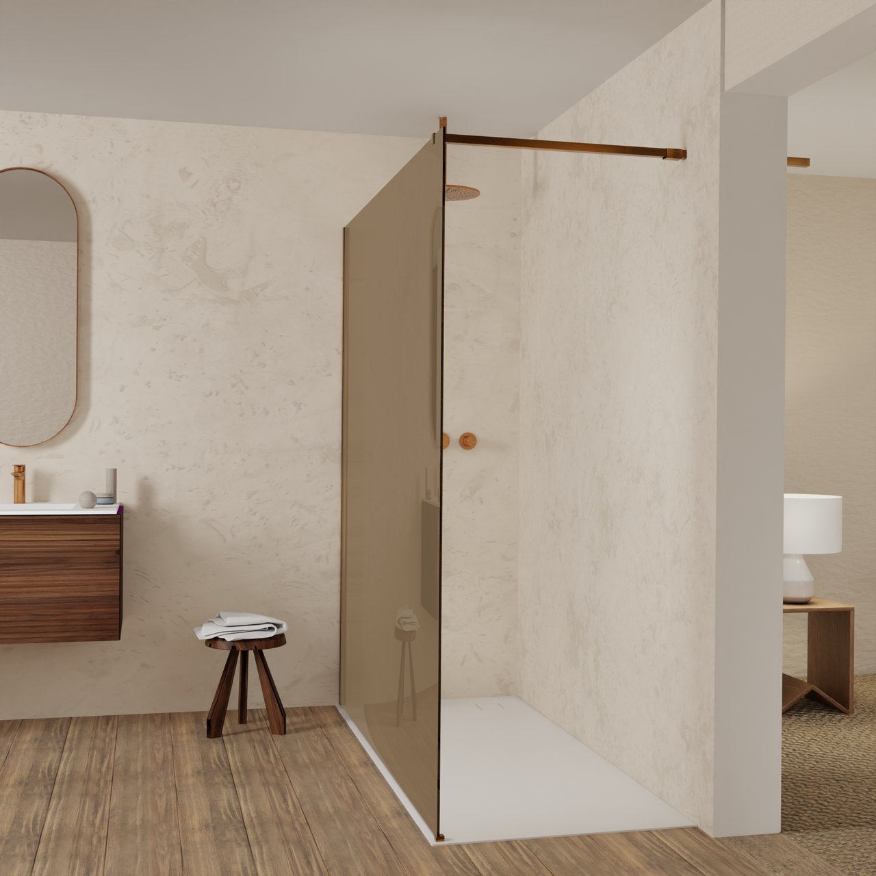 Balmani Modular Walk-In Dusche: 180 x 200 cm, Bronze Glas, inklusive Coating, Profil Brushed Rosegold