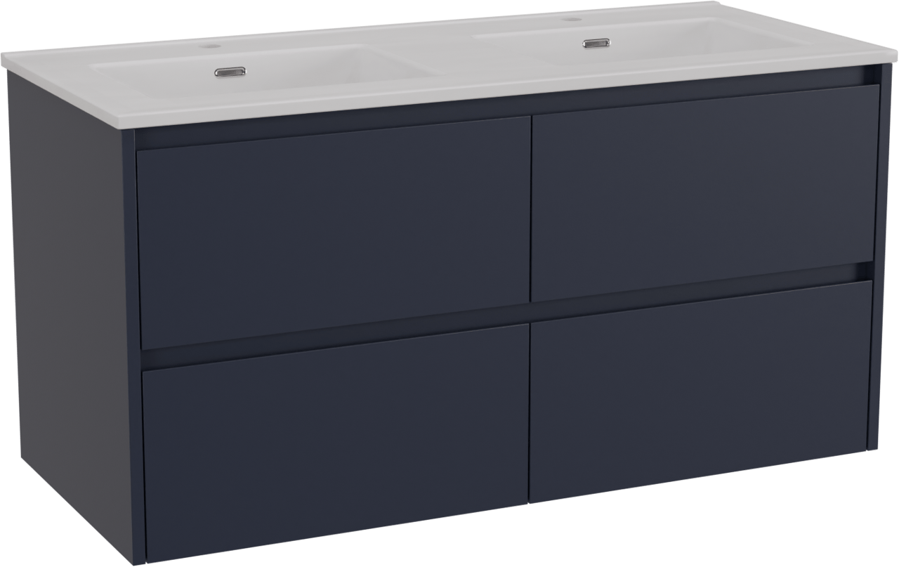 Storke Seda zwevend badkamermeubel 120 x 52 cm nachtblauw met Kera dubbele wastafel in porselein glanzend wit