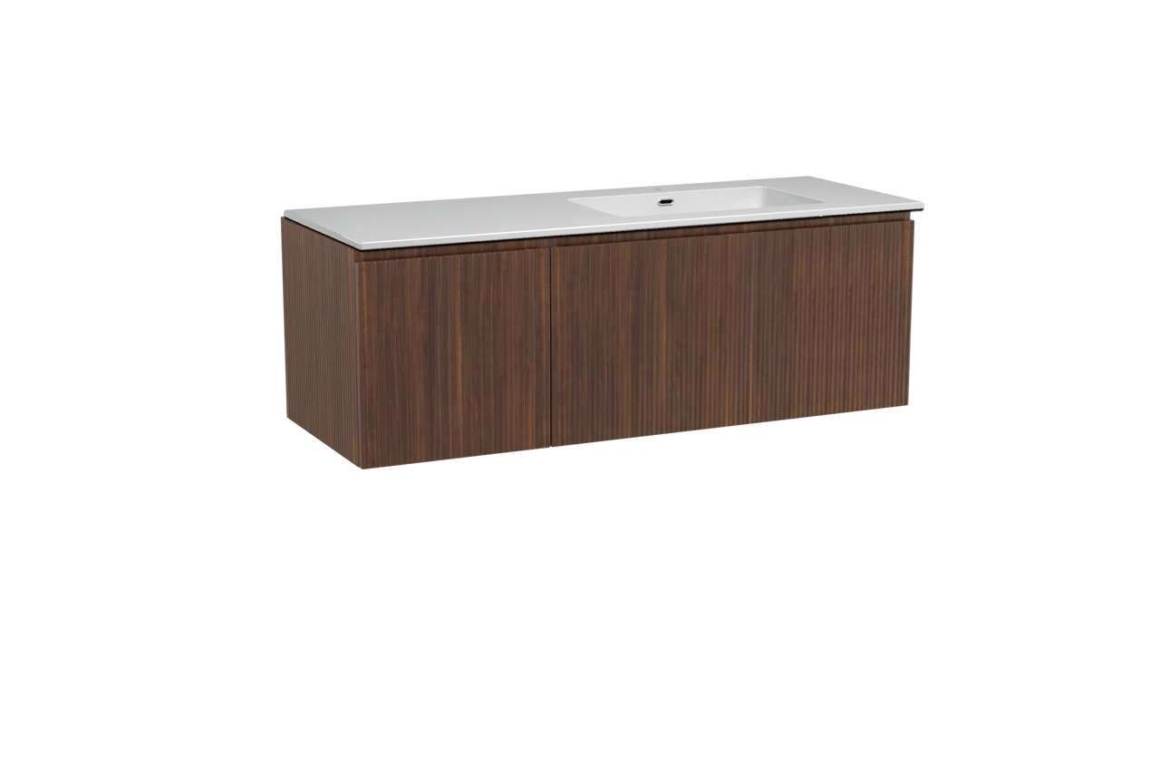 Storke Ribs zwevend badmeubel 140 x 52 cm notenhout met Diva asymmetrisch rechtse wastafel in composietmarmer hoogglans wit, Verticale symmetrische rechte ribbel