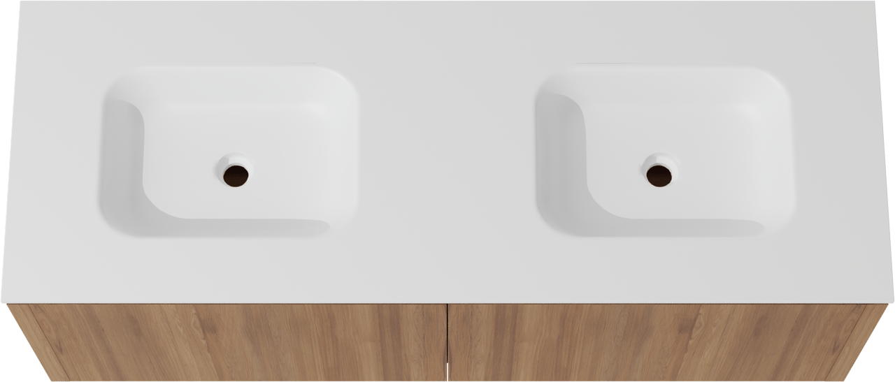 Balmani Eclips zwevend badkamermeubel 150 x 55 cm Teak met Tablo Arcato dubbele wastafel in Solid Surface mat wit