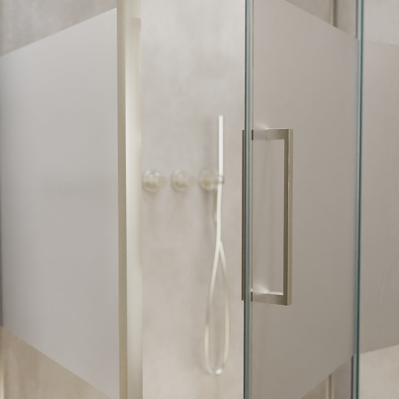 Balmani Senses Design Eckdusche: Drehtür (Rechts) mit fixierte Seitenwand, 100 x 80 cm, Klarglas mit mattiertem Streifen, Profil Brushed CoolMetal, inklusive Coating