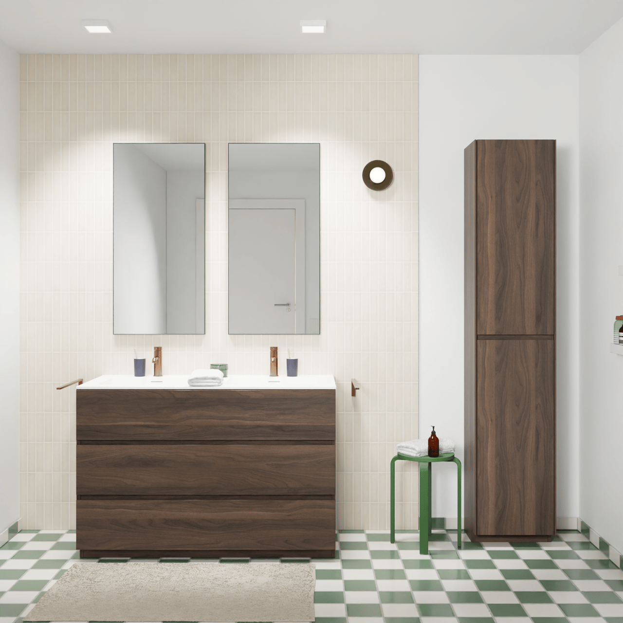 Storke Edge staand badmeubel 120 x 52 cm notenhout met Mata dubbele wastafel in solid surface mat wit