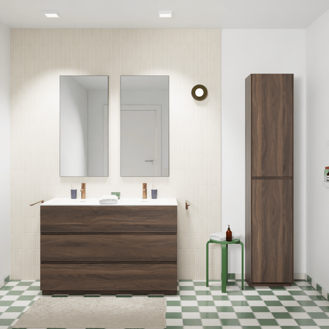 Storke Edge staand badmeubel 120 x 52 cm notenhout met Mata dubbele wastafel in solid surface mat wit