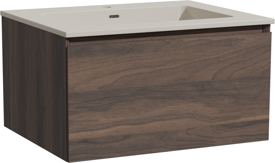 Storke Edge zwevend badmeubel 65 x 52 cm notenhout met Diva enkele wastafel in top solid zijdegrijs en Soto badkamerspiegel