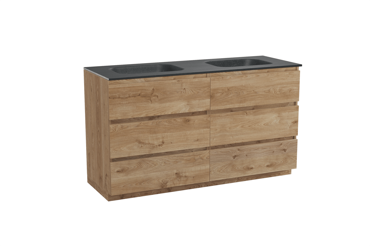 Balmani Lucida freistehendes Möbelstück Set: 150 x 55 cm, Rohe Eiche, mit Tablo Arcato Doppelwaschtisch, Schwarzes Granit