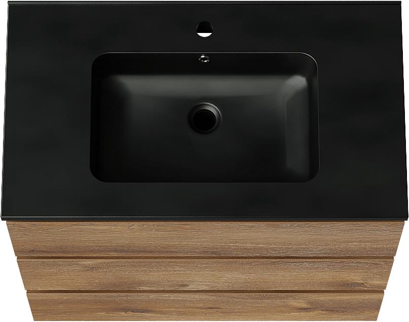 Linie Lado freistehendes Möbelstück Set: 80 x 46 cm, Braune Eiche, mit Vano Einzelwaschtisch, Marmorkomposit Schwarz matt