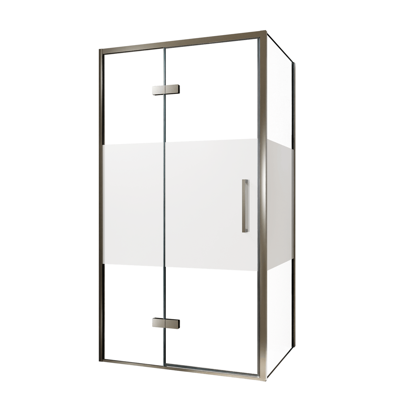 Balmani Senses Design Eckdusche: Drehtür (Links) mit fixierte Seitenwand, 100 x 100 cm, Klarglas mit mattiertem Streifen, Profil Brushed GunMetal