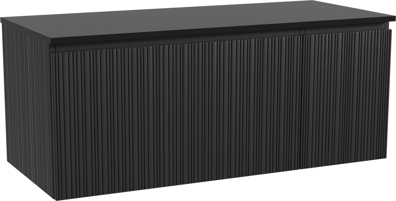 Storke Ribs zwevend badmeubel 120 x 52 cm zwart eiken met Panton enkel of dubbel wastafelblad in gepoedercoate mdf mat zwart, Verticale asymmetrische rechte ribbel
