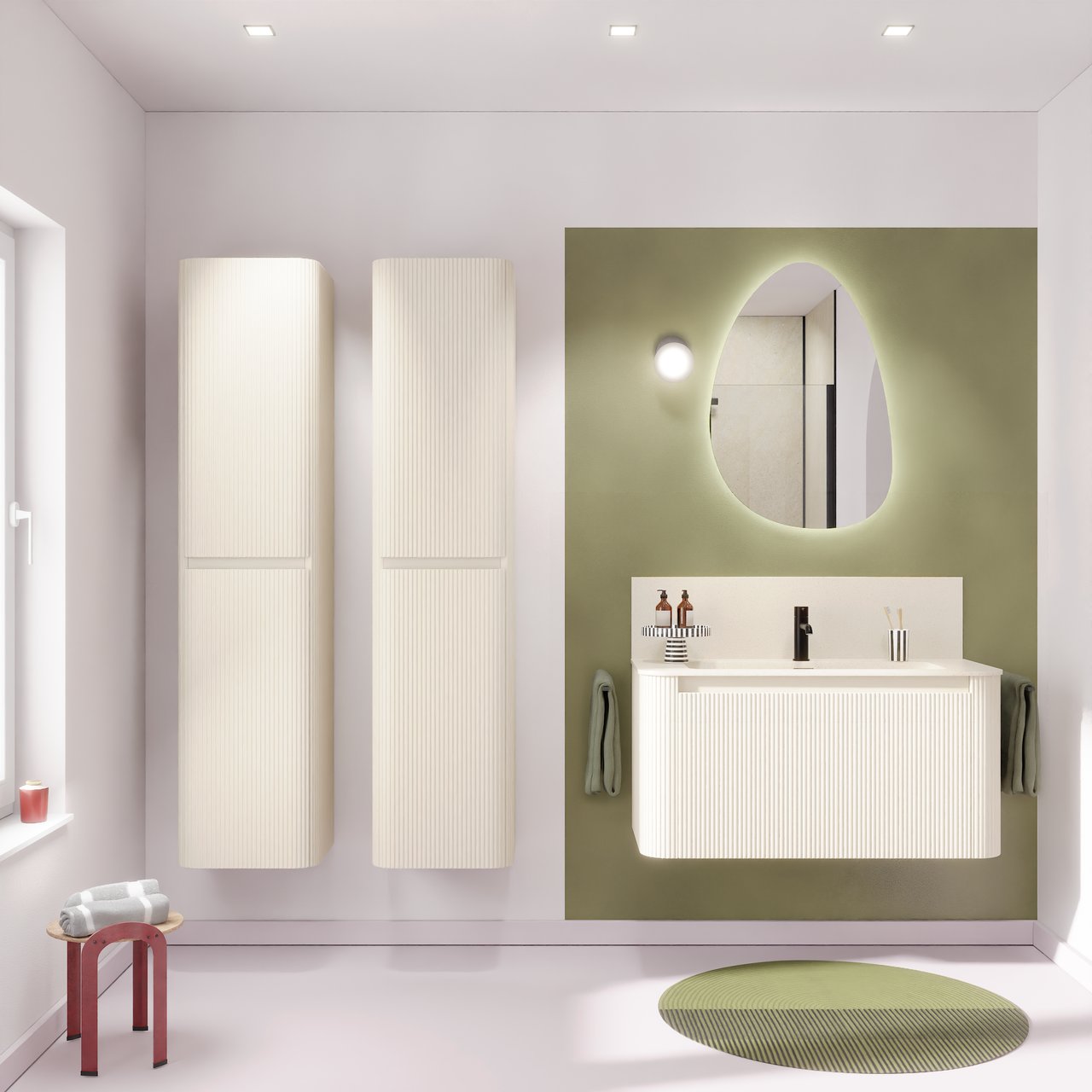 Storke Soft zwevend badmeubel 100 x 46 cm Sand mat met Mata Soft enkele wastafel in solid surface beige granita, Verticale symmetrische rechte ribbel