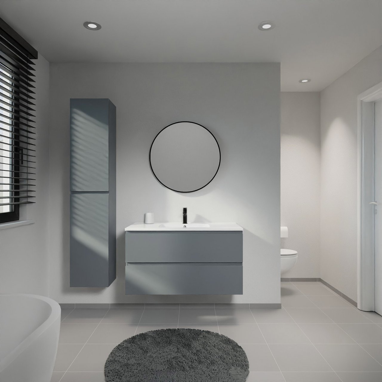 Linie Lado hängendes Möbelstück Set: 100 x 46 cm, Anthrazitblau, mit Vano Einzelwaschtisch, Marmorkomposit Weiß glänzend