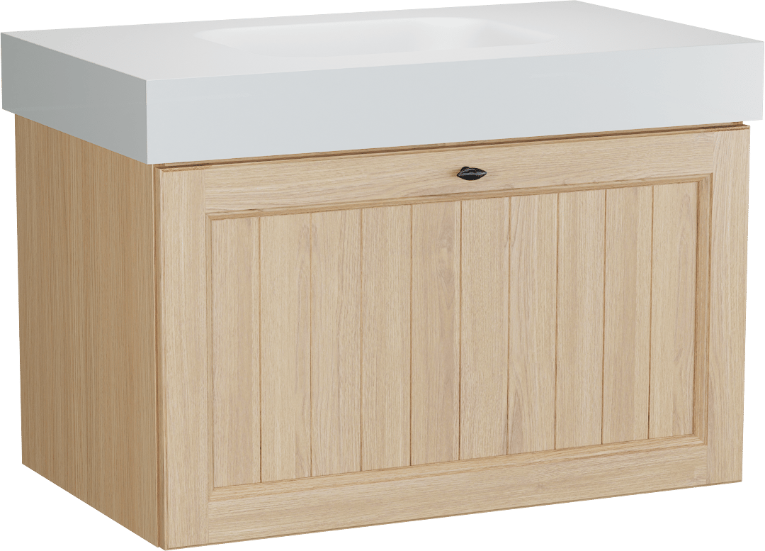 Balmani Lemon hängendes Möbelstück Set: 90 x 55 cm, Naturbelassene Eiche Furnier, mit Arcato Einzelwaschtisch, Weiß matt