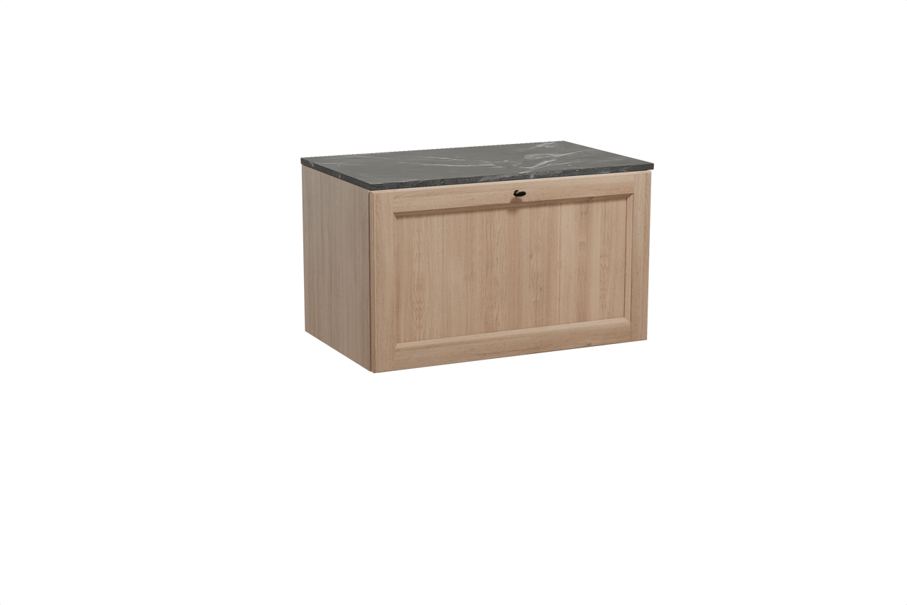 Balmani Lemon zwevend badkamermeubel 90 x 55 cm verweerde eik met Stretto enkel tablet in marmer pietra grey