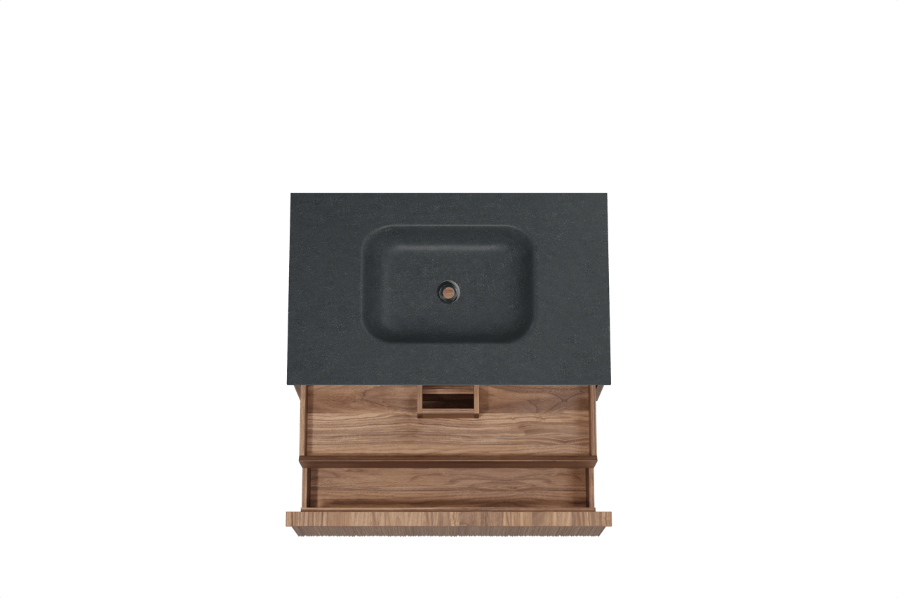 Balmani Forma hängendes Möbelstück Set: 90 x 55 cm, Amerikanischer Nussbaum, mit Tablo Arcato Einzelwaschtisch, Granit, Schwarzes Granit, Vertikale asymmetrische Runde Rippe