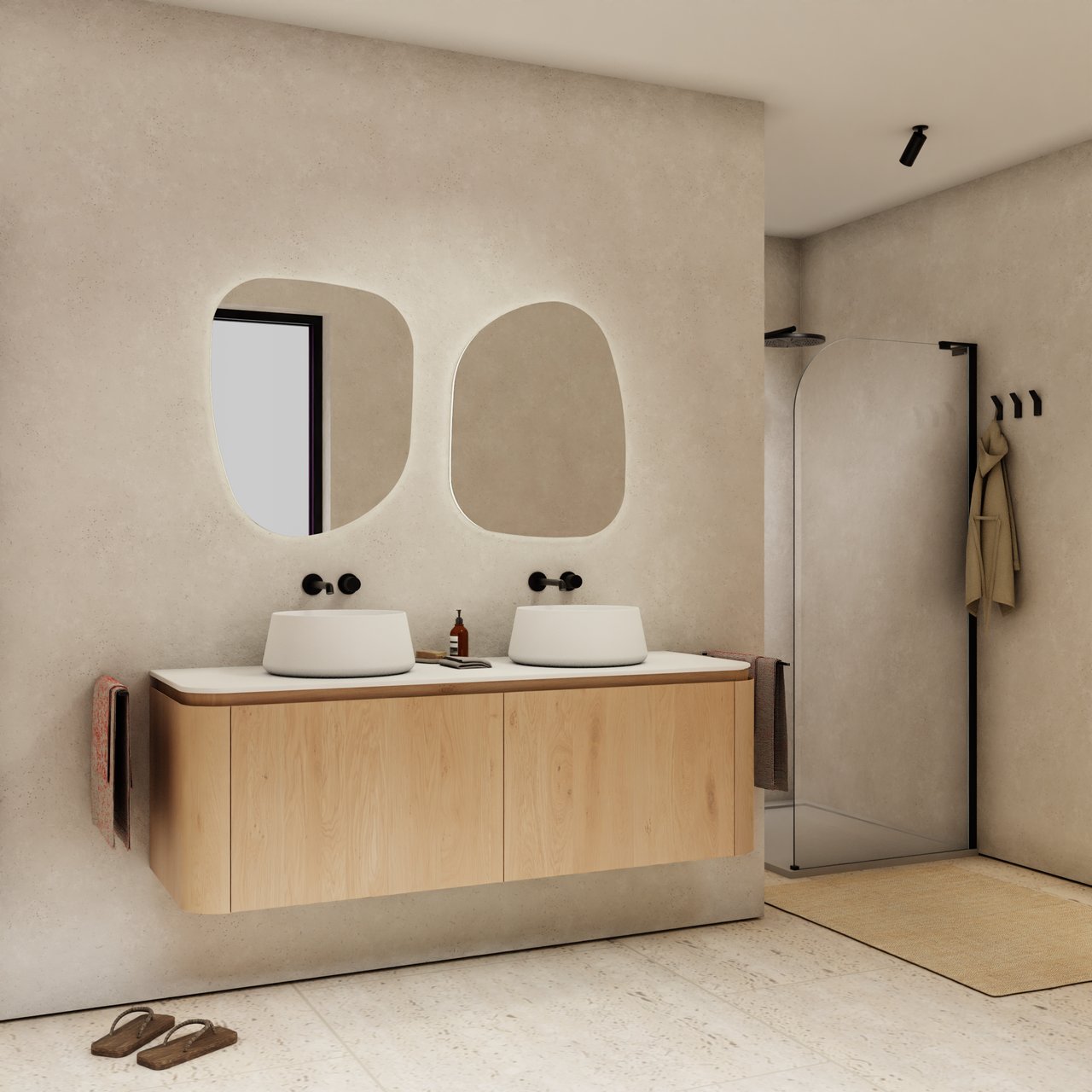 Balmani Moon hängender Waschbeckenunterschrank: 160 x 55 cm, Eiche Natur, 4 Schubladen