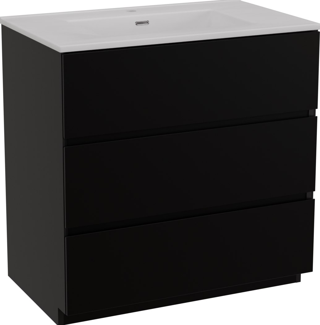 Storke Edge freistehendes Möbelstück Set: 85 x 52 cm, Schwarz matt, mit Kera Einzelwaschtisch, Keramik Weiß glänzend