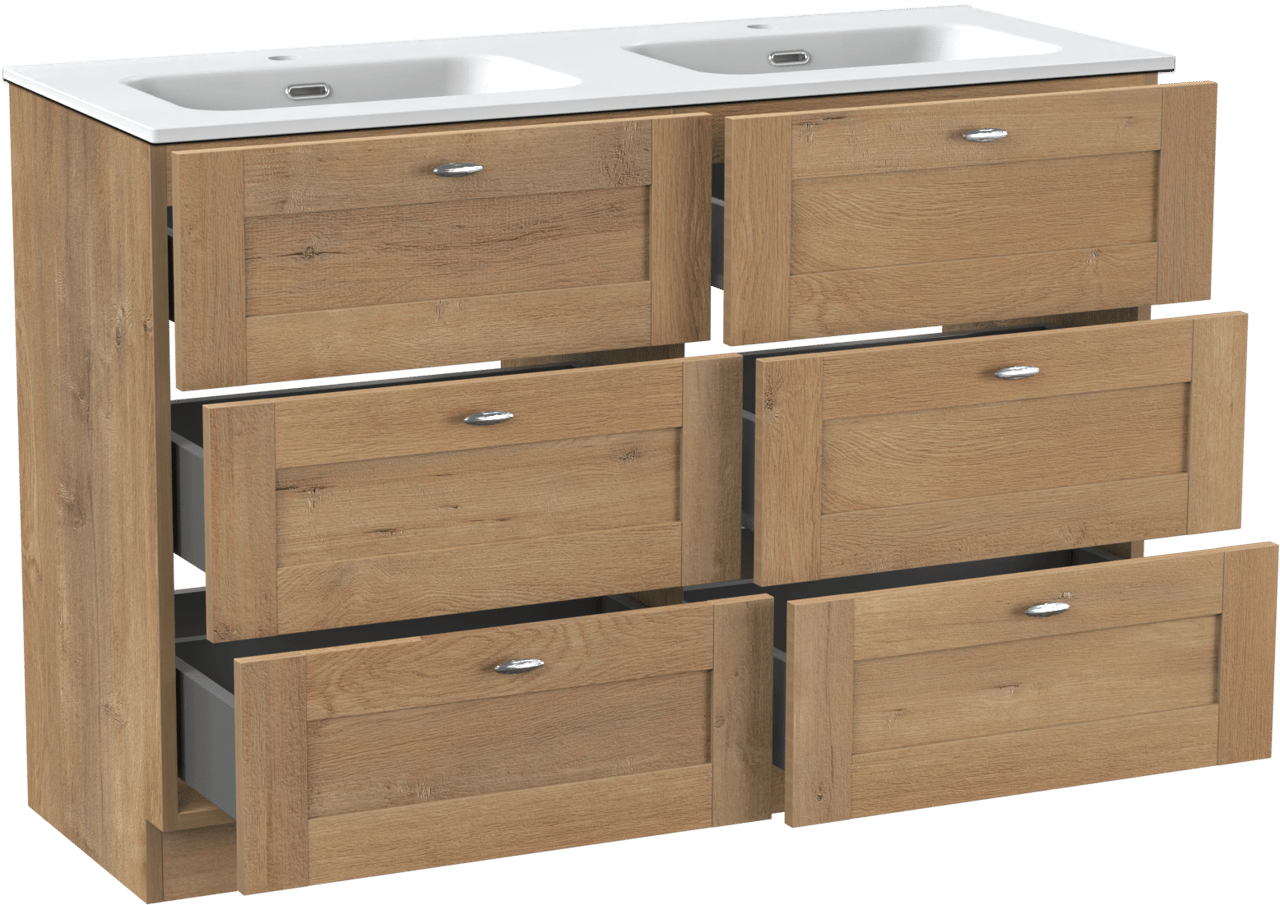 Linie Classo freistehendes Möbelstück Set: 120 x 46 cm, Naturbelassene Eiche, mit Baro Doppelwaschtisch, Porzellan Weiß matt