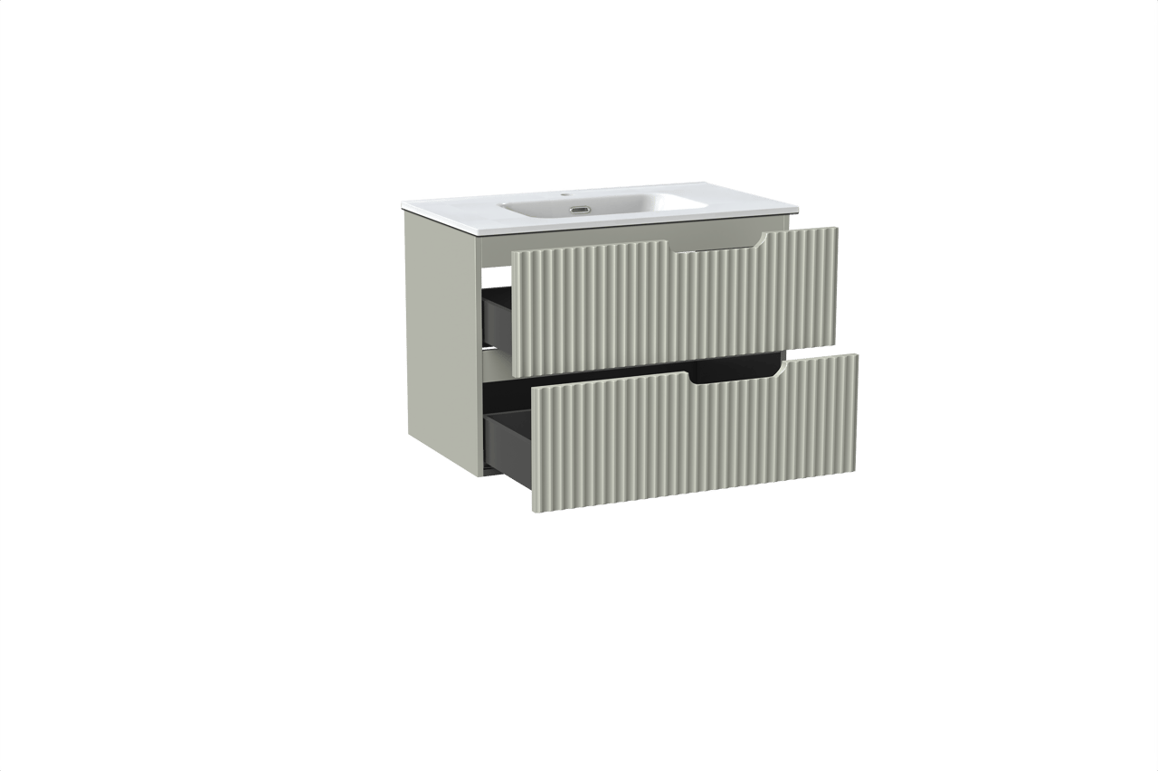 Linie Ribbo meuble salle de bains suspendu 80 x 46 cm greige avec Baro plan simple en porcelaine blanc brillant, Nervure circulaire symétrique verticale