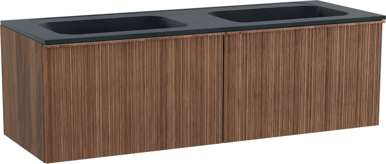 Balmani Forma zwevend badmeubel 150 x 55 cm amerikaans notenhout met Tablo Strada dubbele wastafel in composietmarmer mat zwart, Verticale asymmetrische ronde ribbel