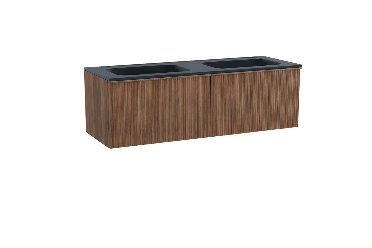 Balmani Forma zwevend badkamermeubel 150 x 55 cm amerikaanse notelaar met Tablo Strada dubbele wastafel in composietmarmer mat zwart, Verticale asymmetrische ronde ribbel