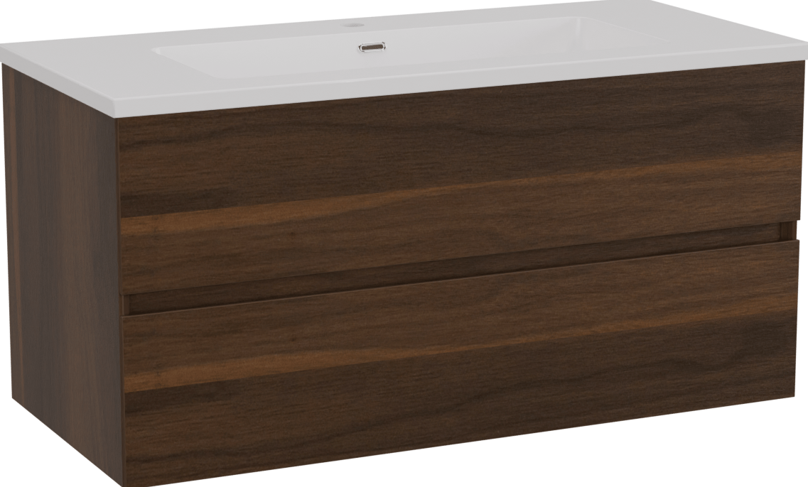 Storke Edge zwevend badmeubel 100 x 46 cm notenhout met Diva enkele wastafel in composietmarmer hoogglans wit