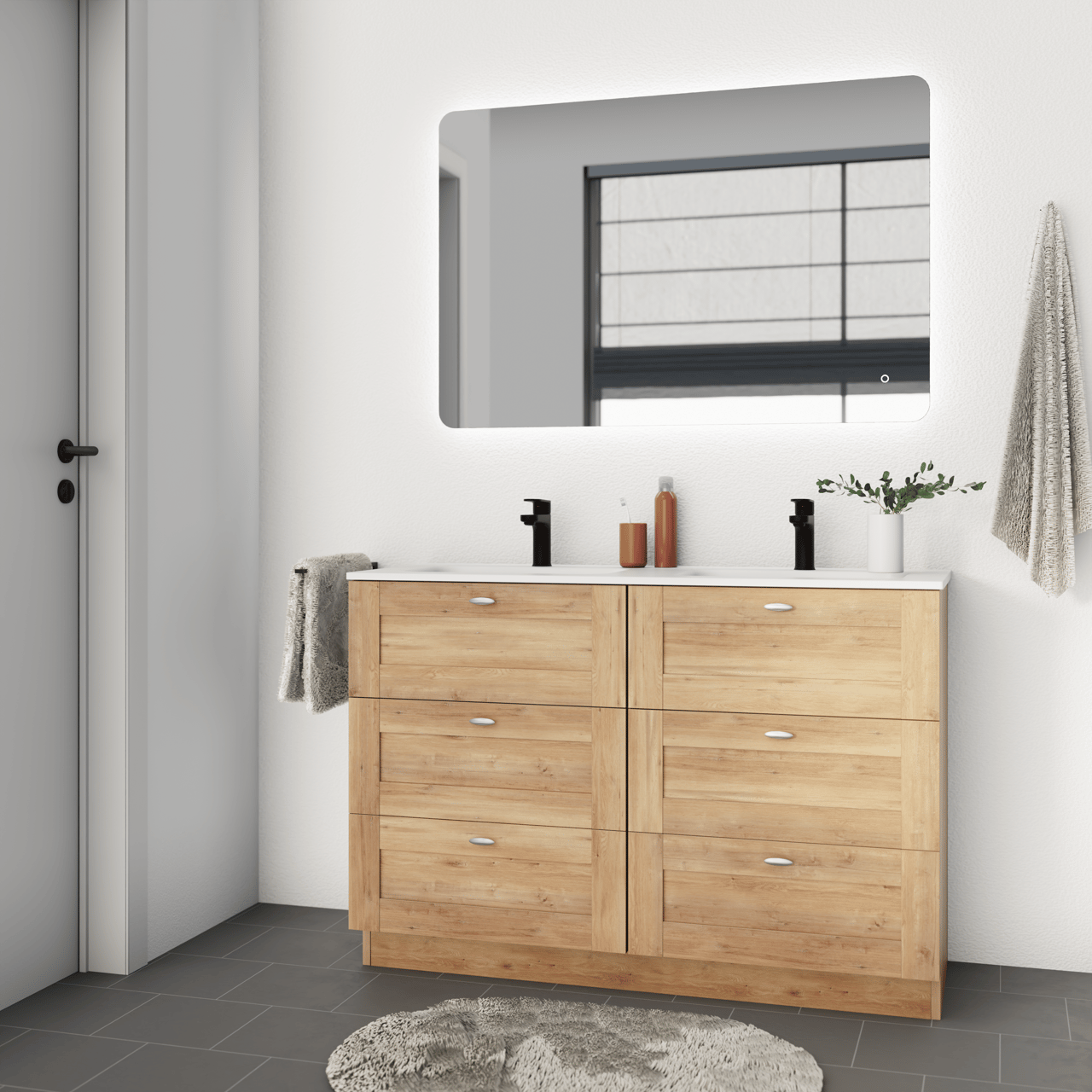 Linie Classo freistehendes Möbelstück Set: 120 x 46 cm, Naturbelassene Eiche, mit Baro Doppelwaschtisch, Porzellan Weiß matt