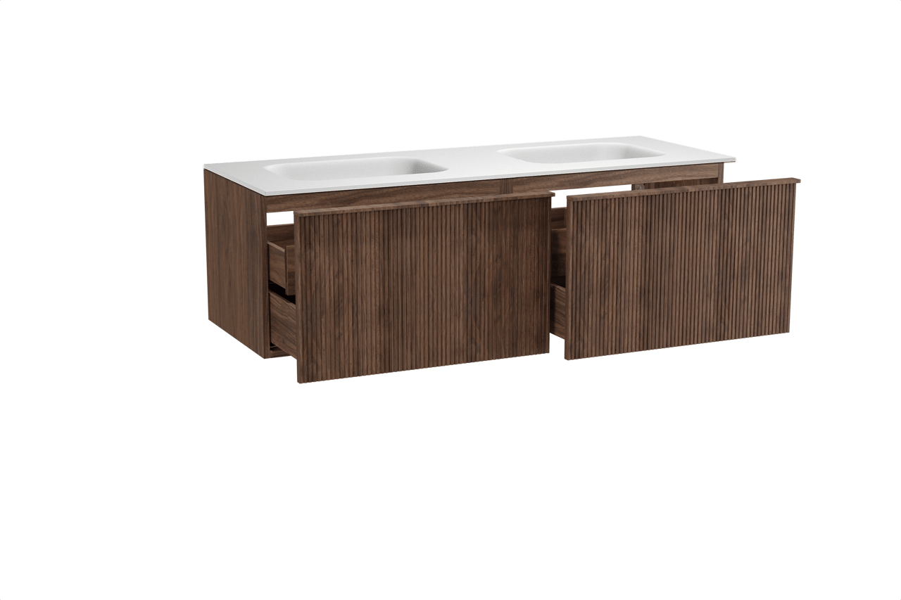 Balmani Forma zwevend badmeubel 150 x 55 cm amerikaans notenhout met Tablo Arcato dubbele wastafel in solid surface mat wit, Verticale symmetrische rechte ribbel