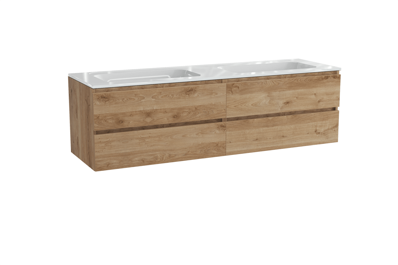 Balmani Lucida hängendes Möbelstück Set: 180 x 55 cm, Rohe Eiche, mit Tablo Strada Doppelwaschtisch, Marmorkomposit Weiß glänzend