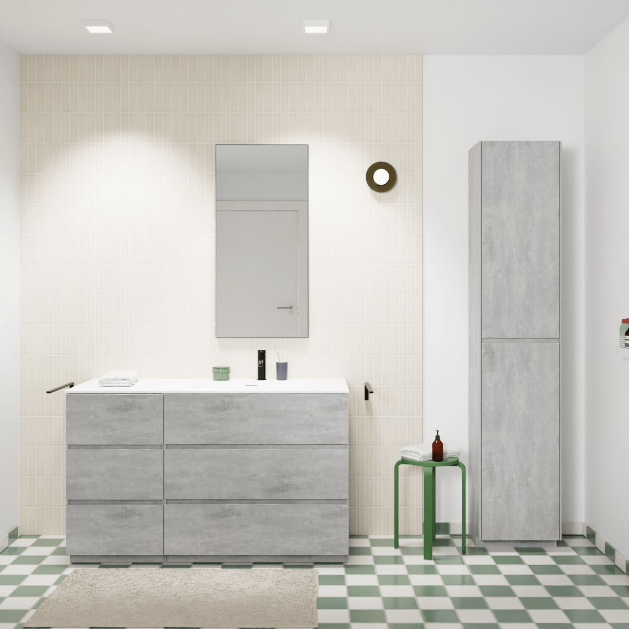 Storke Edge meuble salle de bains à poser 130 x 52 cm béton gris foncé avec Mata plan vasque asymétrique à droite en solid surface blanc mat