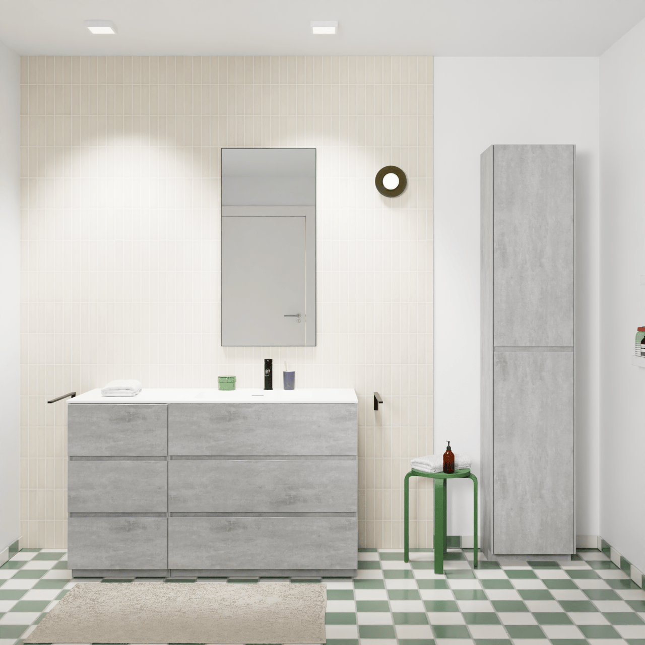 Storke Edge meuble salle de bains à poser 130 x 52 cm béton gris foncé avec Mata plan vasque asymétrique à droite en solid surface blanc mat