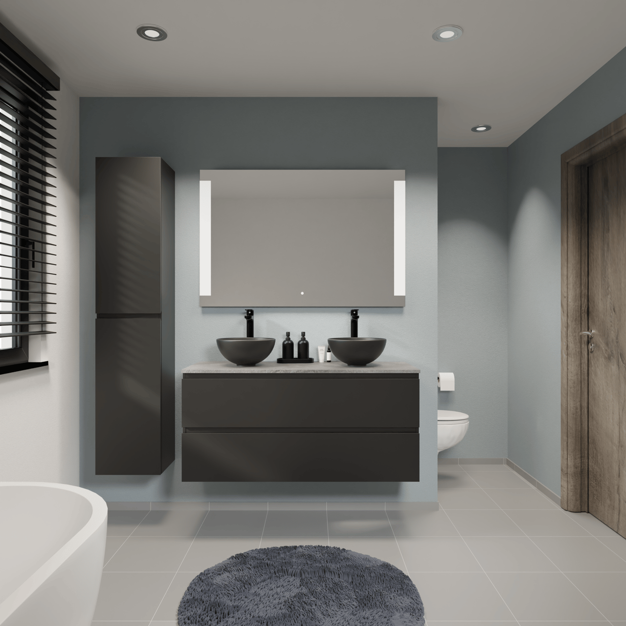 Linie Lado meuble salle de bains suspendu 120 x 46 cm noir mat avec Lado tablette simple ou double en mélaminé ardoise gris