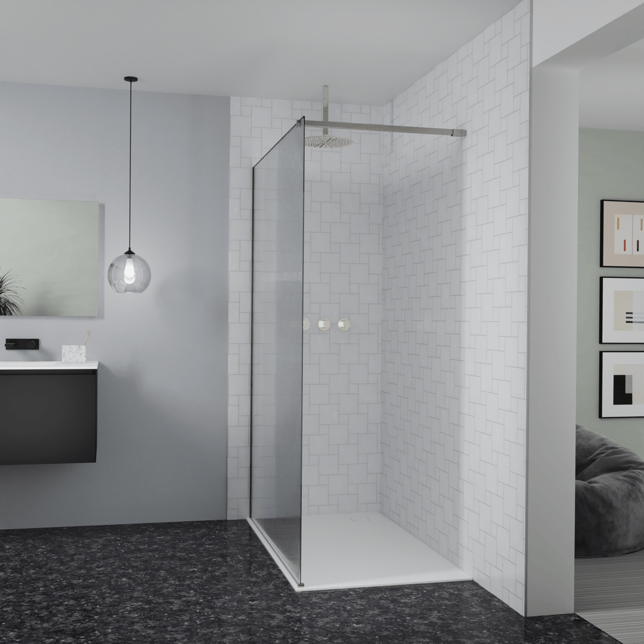 Balmani Modular douche à l'italienne: 140 x 200 cm, Ribs, avec coating, Profil Brushed CoolMetal