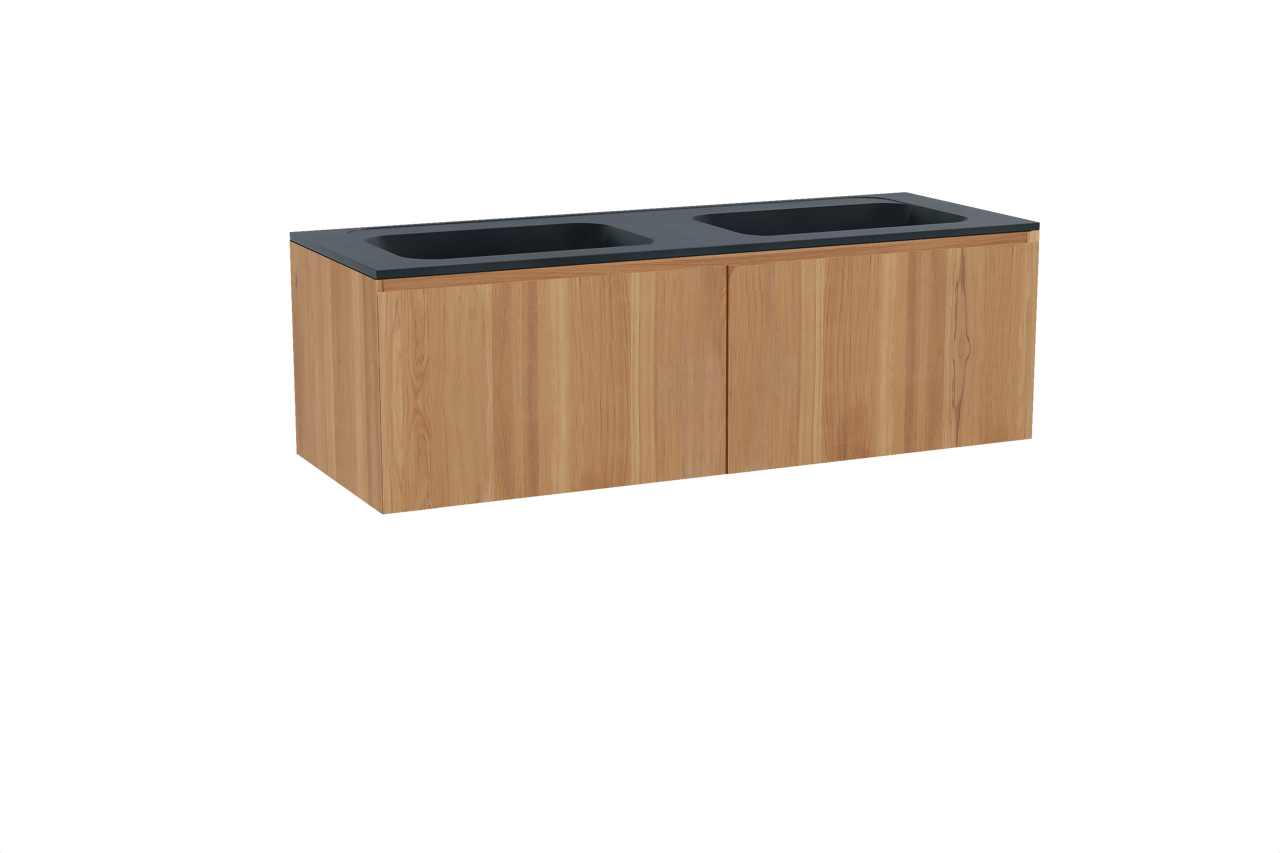 Balmani Idra zwevend badkamermeubel 150 x 55 cm teak met Tablo Strada dubbele wastafel in composietmarmer mat zwart