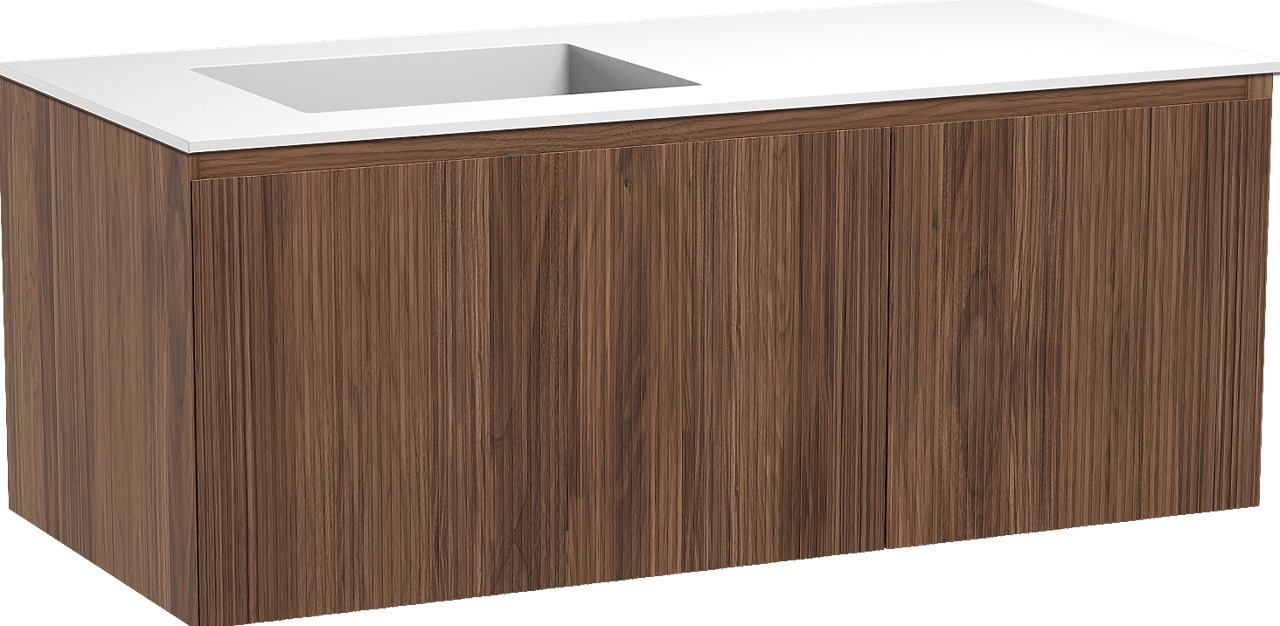 Balmani Fila hängendes Möbelstück Set: 120 x 55 cm, Nussbaum, mit Tablo Stretto Waschtisch links, Solid Surface, Weiß matt, Vertikale symmetrische gerade Rippe