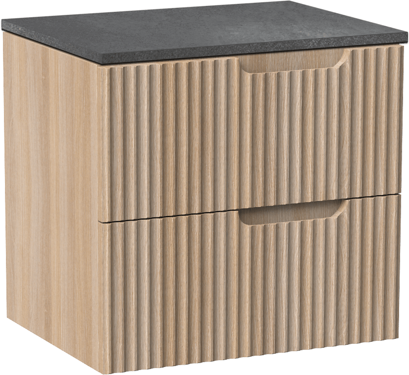 Linie Ribbo zwevend badmeubel 60 x 46 cm licht eiken met Lado enkel wastafelblad in melamine grijze leisteen, Verticale symmetrische ronde ribbel